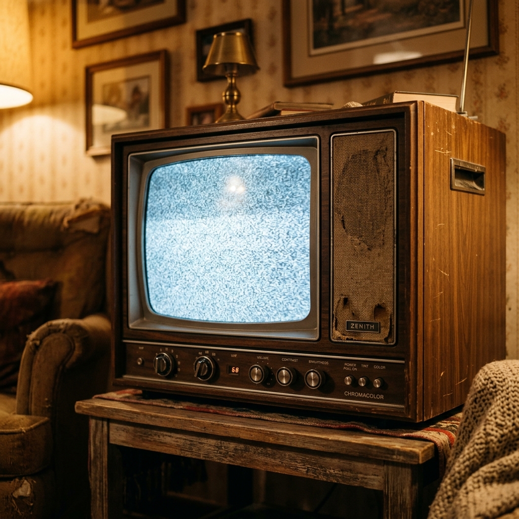 Retro televizor u toploj, nostalgičnoj sobi sa statičkim šumom na ekranu